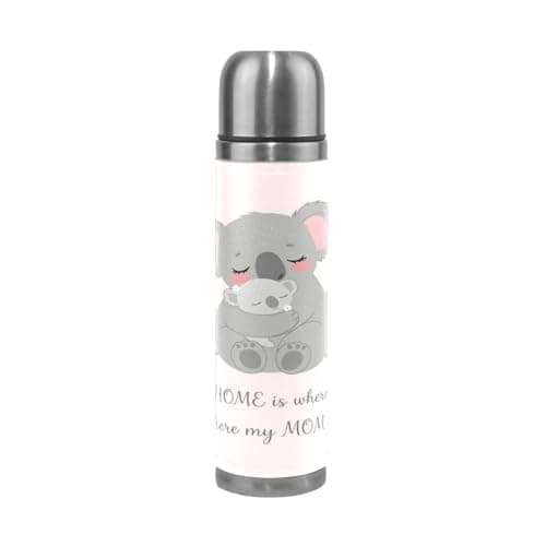 Cute Koala MOM Water Bottle Double Walled Insulated Travel Coffee Mug Genuine Leather Cover Drink Cup 17 OZ