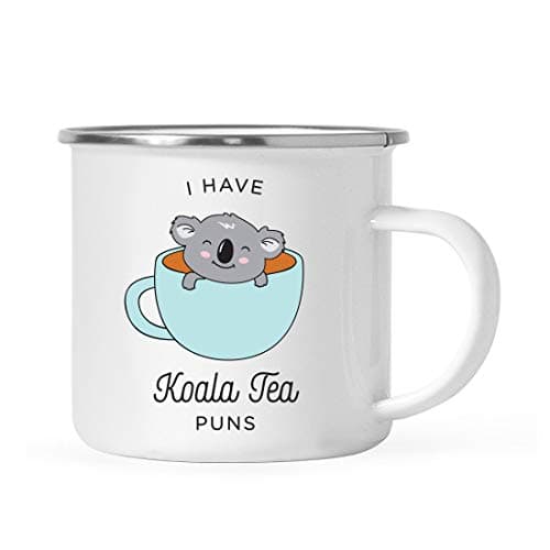 Andaz Press Funny Pun 11oz. Stainless Steel Campfire Coffee Mug Gift, I Have Quality Puns (Koala Tea), Koala Inside a Tea Cup with Tea Bag Coming Out Graphic, 1-Pack