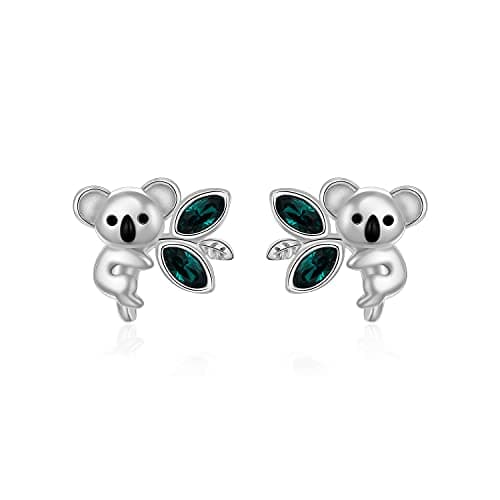 Koala Bear Earrings Sterling Silver Cute Koala Climbing on Tree Earrings Stud, Hypoallergenic Tiny Cute Animal Koala Stud Earrings Gifts for Women, Crystals from Austria