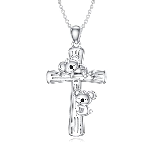 Flpruy Koala Cross Necklace - 925 Sterling Silver Koala Bear Pendant - Women's Animal Lover Jewelry Gift