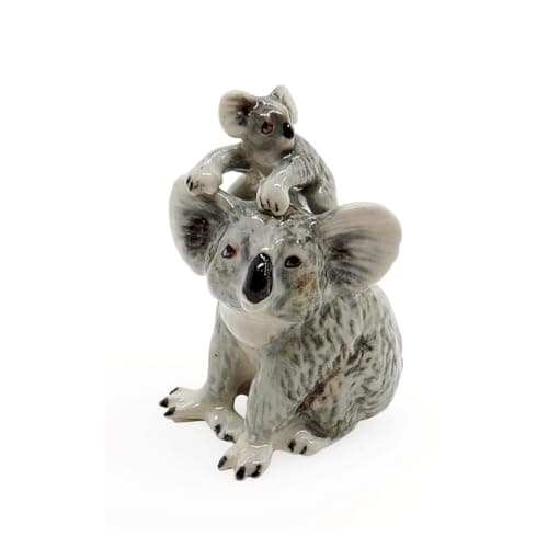 WitnyStore Tiny 1½" Gray Koala Baby Climb Mom's Head Australian Marsupial - Miniature Hand Made Ceramic Wildlife Wild Mammal Animals Cute Porcelain Decorative Figures Collectible Figurines Décor Gifts