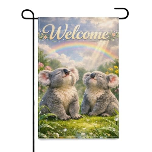 REZHOCH Welcome Fun Koala Garden Flag 12x18 Inch,Rainy Day Cute Animals Home Yard Decor,Rainbow Garden Spring Summer Double Sided Outdoor Rustic Lawn Porch Farmhouse Banner