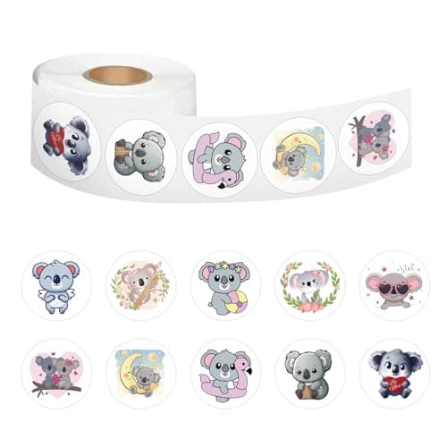 500PCS Cute Koala Roll Stickers, Waterproof Vinyl Round Cartoon Koala Decals, Adhesive Animal Stickers for Envelopes, Gift Bags, Water Bottles, Scrapbooking, Kids Party Favors