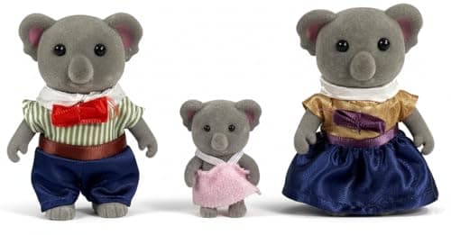 OLEOCA Family Gray Koala Figures — Set of 3 Collectible Flocked Mini Dolls with Removable Clothes, Dollhouse Pretend Play Set for Kids Ages 3+