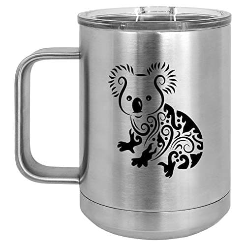 15 oz Tumbler Coffee Mug Travel Cup With Handle & Lid Vacuum Insulated Stainless Steel Fancy Koala Bear (Silver)