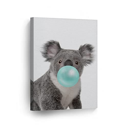 Smile Art Design Cute Koala Bubble Gum Canvas Print – Teal Blue Nursery Wall Art for Baby Girl Room – Black and White Animal Decor – Made in USA