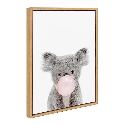 Kate and Laurel Sylvie Bubble Gum Koala Framed Canvas Wall Art by Amy Peterson Art Studio; 18x24 Natural; Cute Whimsical Animal Art for Wall