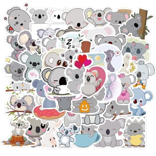 Funny Koala Stickers 50PCS Lovely Aesthetic Cute Cartoon Koala Stickers Animal Water Bottle Stickers, Vinyl Decals for Laptop Water Bottles, Scrapbook Supplies, Party Favors(Colourful-H10)