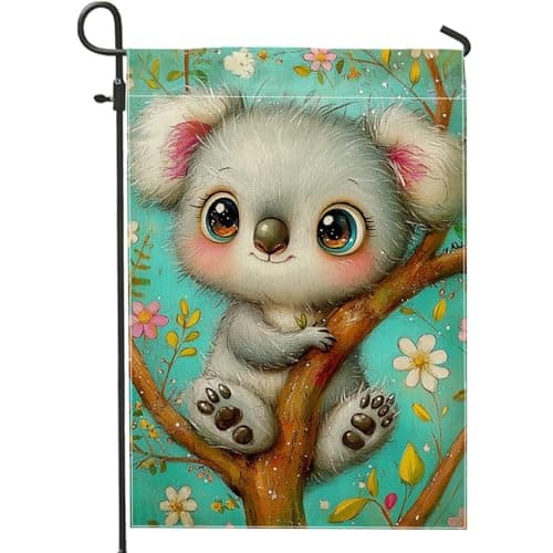 Adorable Koala Bear Garden Flag, Aqua Blue Cute Animal Home Decor Banner, Double Sided Burlap Summer Outdoor Lawn Decoration, Floral Theme 12x18 Inch