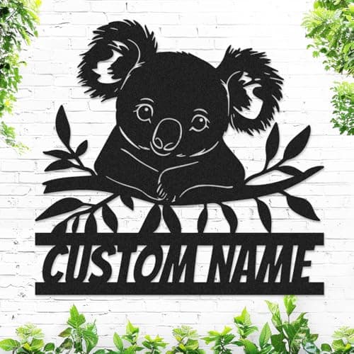 Custom Name Koala Sign Metal Wall Art, Personalized Cute Animal Koala Metal Wall Decor Sign Plaque for Nursery Bedroom Living Room, Customized Koala Name Sign Wall Sculpture Decorations