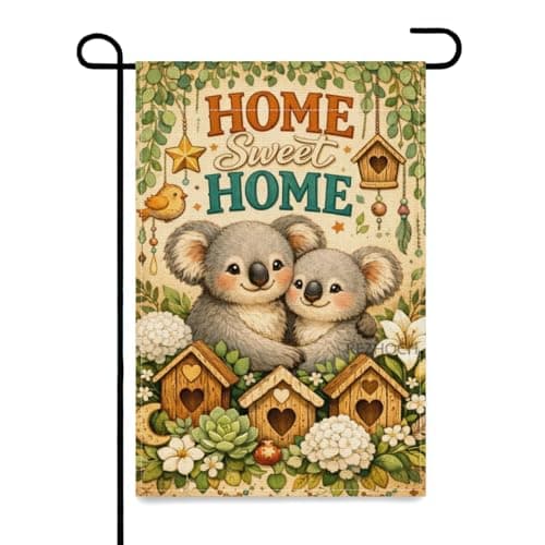 REZHOCH Boho Funny Koala Garden Flag 12x18Inch,Home Sweet Home Outdoor Floral Farmhouse Yard Decor,Rustic Cottage Cute Animal Spring Summer Holiday Porch Lawn Garden Banner