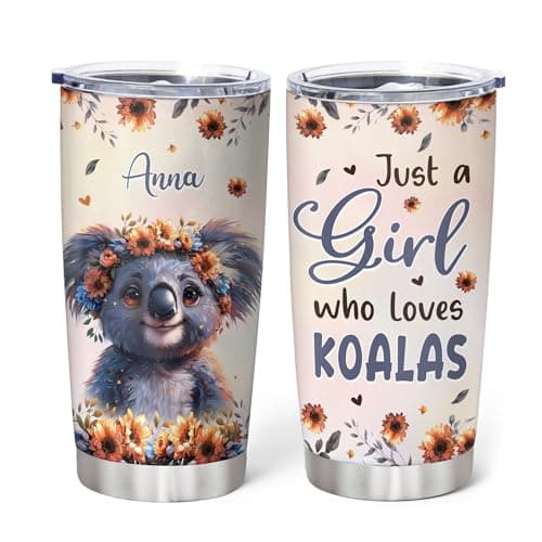 Hyturtle Personalized Cute Koala Tumbler Gift For Koala Lover - Just A Girl Who Loves Koalas - Koala Gift For Women - Gift For Animal Lovers - Birthday Christmas - Custom Name 20oz Steel Coffee Cup