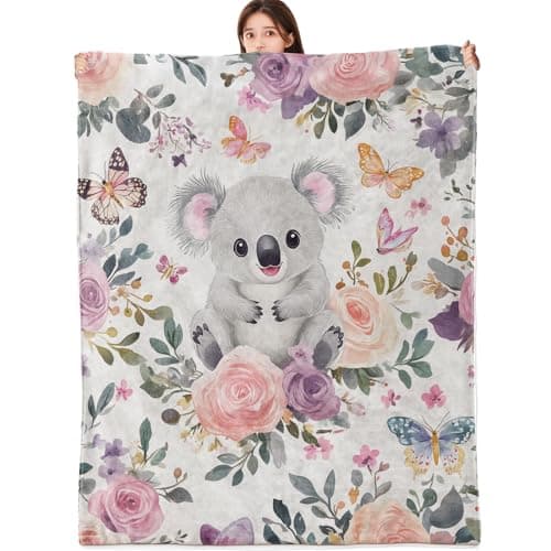 vnlvnl Watercolor Koala Blanket Lightweight Flannel Blankets Birthday Gifts for Animal Lovers with Butterfly and Pink Flower Printed Throw for Couch Chair Office Bedroom Decor, 60x50inch