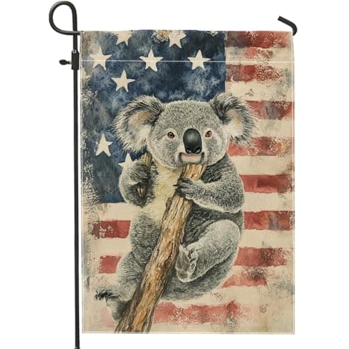 Koala Garden Flag, Cute Gray Koala Holding Stick Home Decor Banner, Double Sided Burlap Seasonal Outdoor Lawn Decoration, Ideal for Kids Room 12x18 Inch