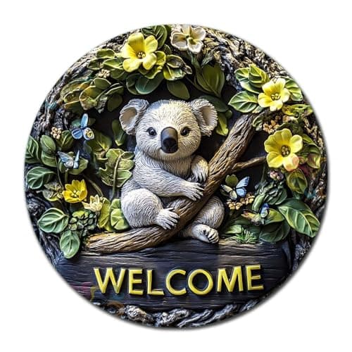 Soulpons Vintage Wall Art 2D Flat Baby Koala Welcome Decorative Tin Sign for Australian Decor Wildlife Lovers and Nature Inspired Home Accents Easy to Install 12×12 Inches
