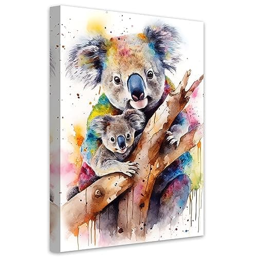 LZIMU Watercolor Koala Canvas Wall Art - Mother and Baby on Tree Poster Prints - Cute Animals Colorful Artwork for Nursery Kids Room Decor Framed (Koala-2, 16.00"x24.00")