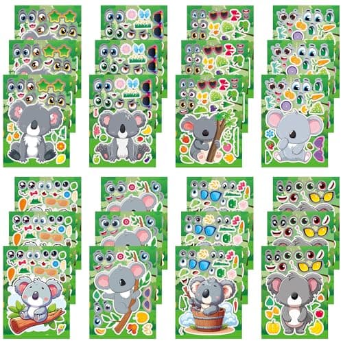 Dorgua 24 Sheets Koala Make a Face Stickers, Party Games Decal Mix and Match Sticker, Make Your Own Koala Stickers Animal DIY Crafts for Birthday Activities Party Supplies Classroom Rewards Gifts