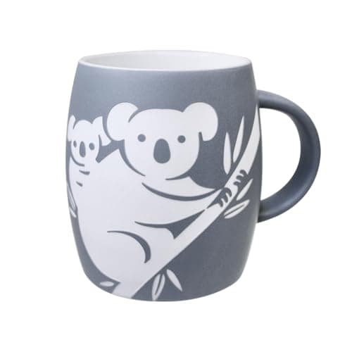 San Diego Zoo Koala with Joey Matte Gray Etched Mug, 14 oz Gray Stoneware Mug, Etched with Koala Design in White