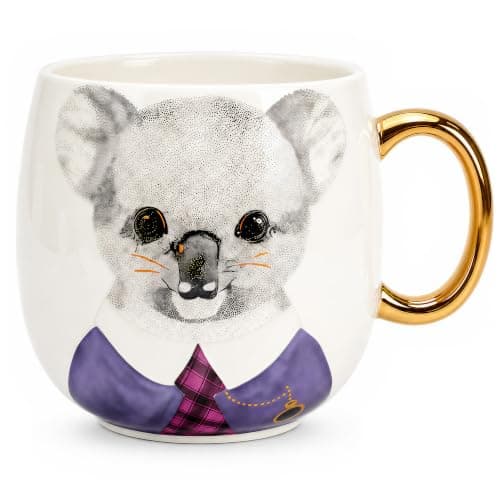 Moqidadii 19 oz Porcelain Coffee Mug, Hand-Painted Koala, Gold-Tone Handle