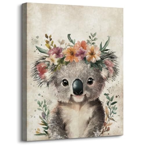 Lovely Koala Portrait Canvas Wall Art Cute Koala Bear with Floral Garland Poster Painting Retro Animal Pictures Prints Artwork for Kid's Room Bedroom Nursery Wall Decor Housewarming Gift 12"x16"