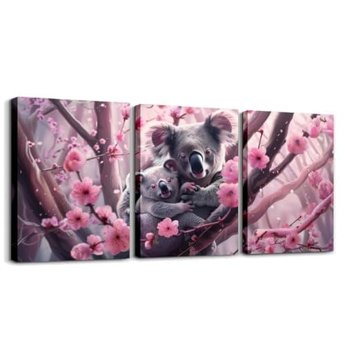 3D Cute Koala 3 Piece Canvas Wall Art for Living Room,Japanese Cherry Blossoms Pictures Decorations for Bedroom,Wild Animal Wall Art Dining Room Decor,Set of 3