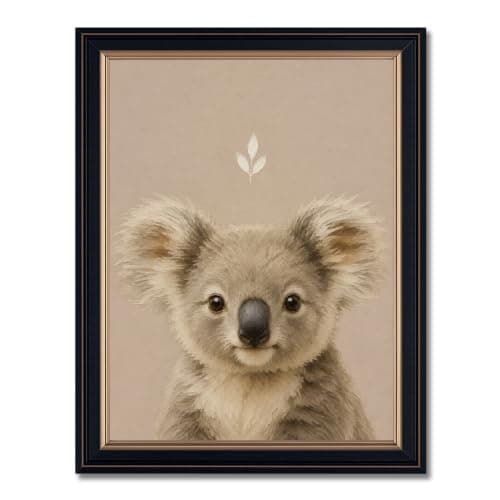 Framed Koala Canvas Print Whimsical Animal Wall Art Nursery Decor | Cute textured painting of a baby koala poster for a cozy bedroom or kids room wall decoration. 16"L x 24"W