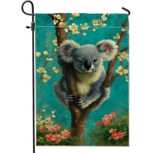Spring Summer Cute Koala Garden Flag, Blue Tree Animal Home Decor Banner, Double Sided Burlap Yard Flag Outdoor Lawn Decoration 12x18 Inch