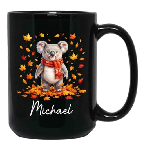 Custom Choose Name Koala Coffee Mug, Autumn Koala Cup Gift for Animal Lover Children Men Women, Personalized Koalas and Maple Leaves Black Ceramic Cup 11oz 15oz, Autumn Themed Keepsake Mug