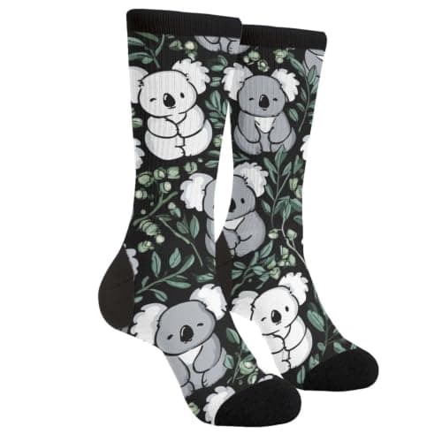 Cute Koala Bear Eucalyptus Leaves Black Novelty Crew Socks for Men Women