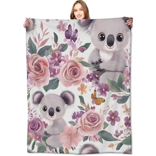 VODRM Koala Blanket,50x60in,Cute Floral Pastel Blossom Throw Blankets,Gifts for Kids Adult & Animal Lovers, Lightweight Soft Fleece,for Sofa Couch Bed Room Modern Decor
