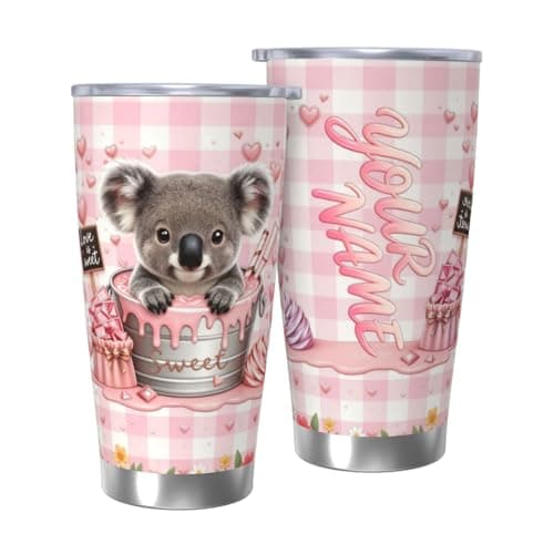 Personalized Koala Tumbler with Lid and Straw, 20oz Custom Name Cute Pink Plaid Stainless Steel Insulated Travel Mug, Coffee Cup Birthday Gifts for Women, Girls, Kids, Animal Lovers