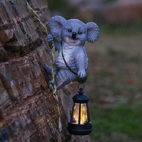 Decorative Koala Tree Climber with Solar Lantern, Gray Resin Garden Statue, Outdoor Hanging Animal Light