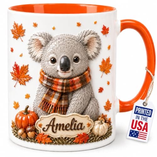 Raevaki Personalized Fall Koala Coffee Mug - Birthday Gifts For Koala Lovers - Autumn Decor Gifts, Farmhouse Thanksgiving Mug For Women, Girls, Mom On Birthday, Christmas, Halloween, Cozy Gift