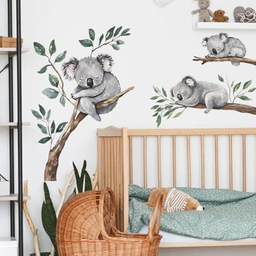 MEFOSS Watercolor Koala on Tree Branch Wall Stickers Large Animal Wall Decals Peel and Stick Kids Baby Bedroom Playroom Nursery Koala Wall Decoration Art