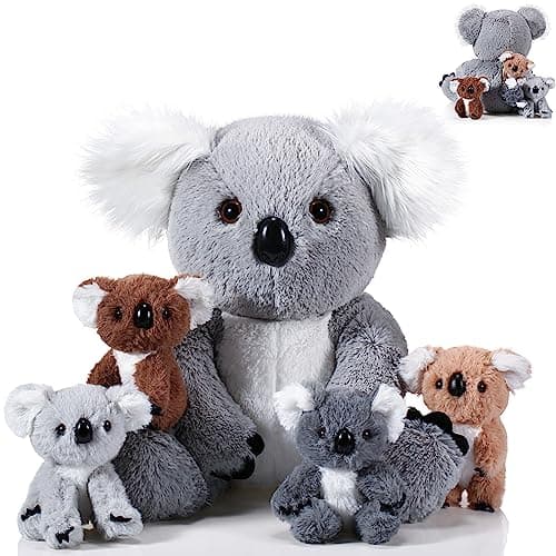 Lenwen 5 Pcs Koala Stuffed Animal Set 12.6 Inch Mommy Bear with 4 Babies | Plush Stuffy Koala, Soft Cuddly Nursery Gifts for Boys Girls, Birthday, Baby Shower, Party Favor, Zippered Tummy